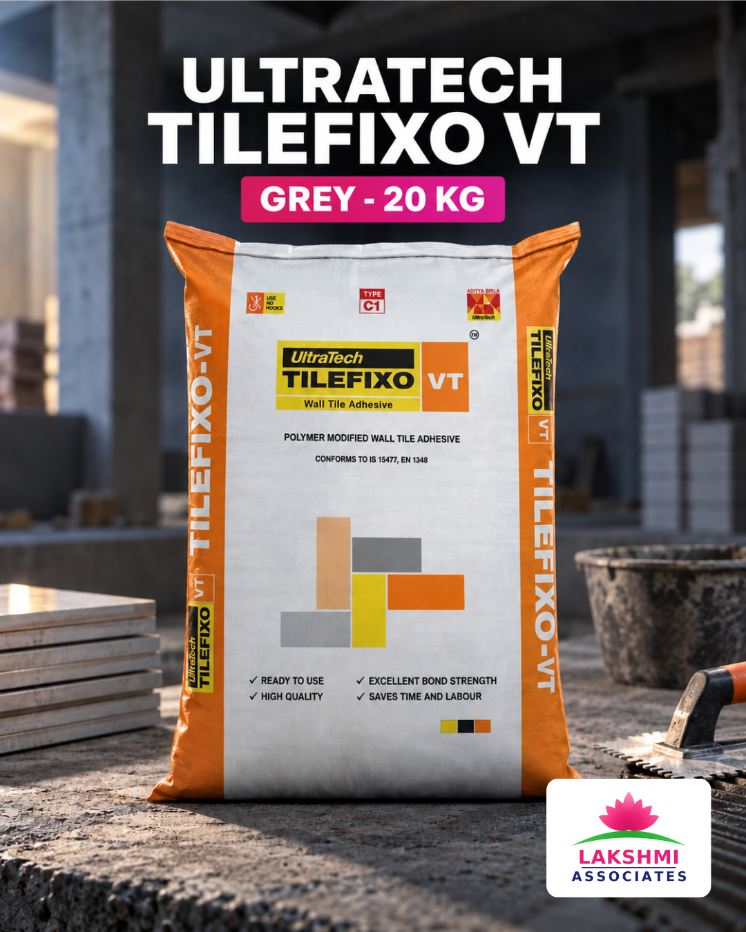 UltraTech TILEFIXO VT Grey Tile Adhesive 20 Kg Bag