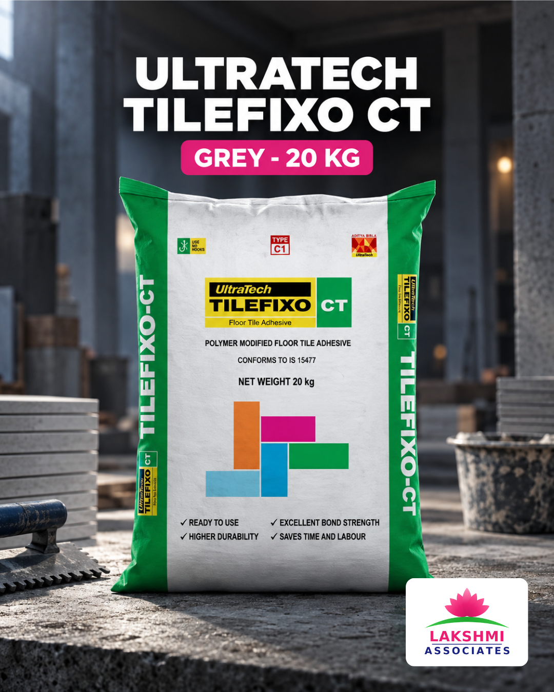 UltraTech TILEFIXO CT Grey Floor & Wall Tile Adhesive 20 Kg Bag