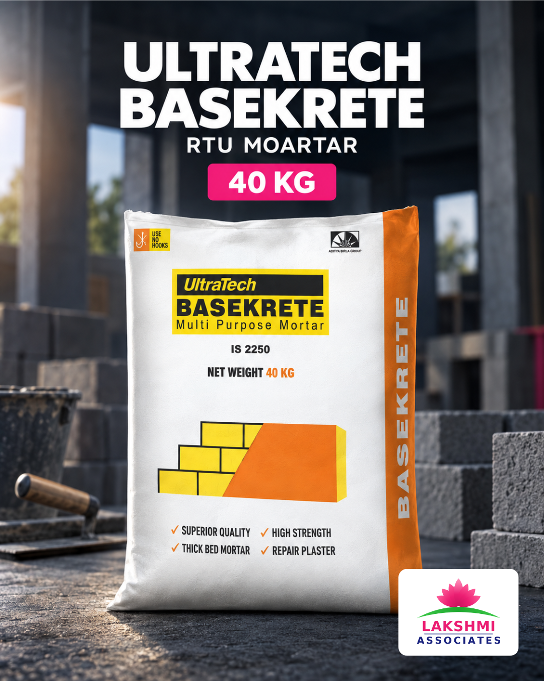 UltraTech BASEKRETE Grey Polymer-Modified Premixed Mortar 40 Kg Bag